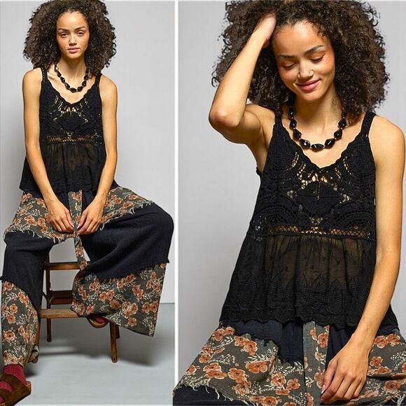 POL Lace Tank Black Crochet Peplum Boho Festival NEW - Picture 3 of 11